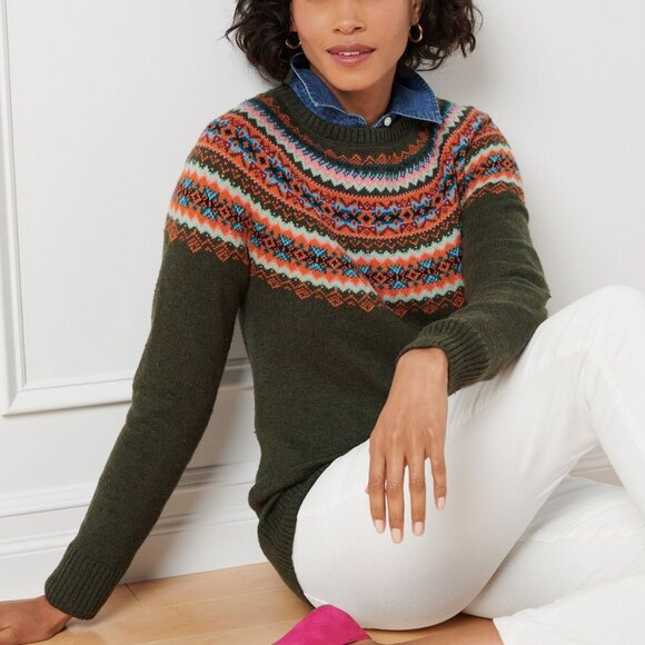 Talbots Size M Gray Multicolor Tweed Fair Isle Knit Long Sleeve Crewneck Sweater - Picture 2 of 13